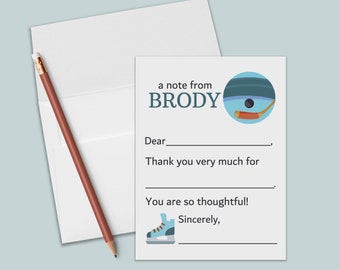 Personalized Fill in the Blank Thank You Note Cards for Kids | Hockey Fill In The Blank Kids Thank You Notes