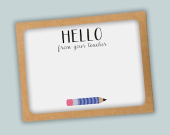 Flat Note Cards: Teacher Hello Message - Blue Pencil Design