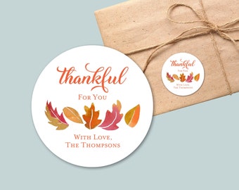 Personalized Round Gift Stickers for Thanksgiving | Thankful Fall Leaves Gift Label | Personalized Gift Tag | Round Harvest Gift Sticker