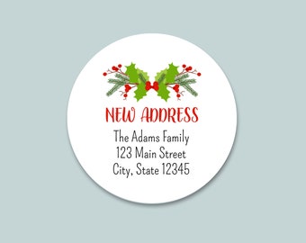 Personalized Christmas Holly Round Address Label for Christmas Cards | We Have Moved Address Label | Personalized Moving Announcement