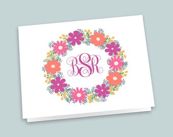 Floral Wreath Monogram Note Cards: Personalized Stationery