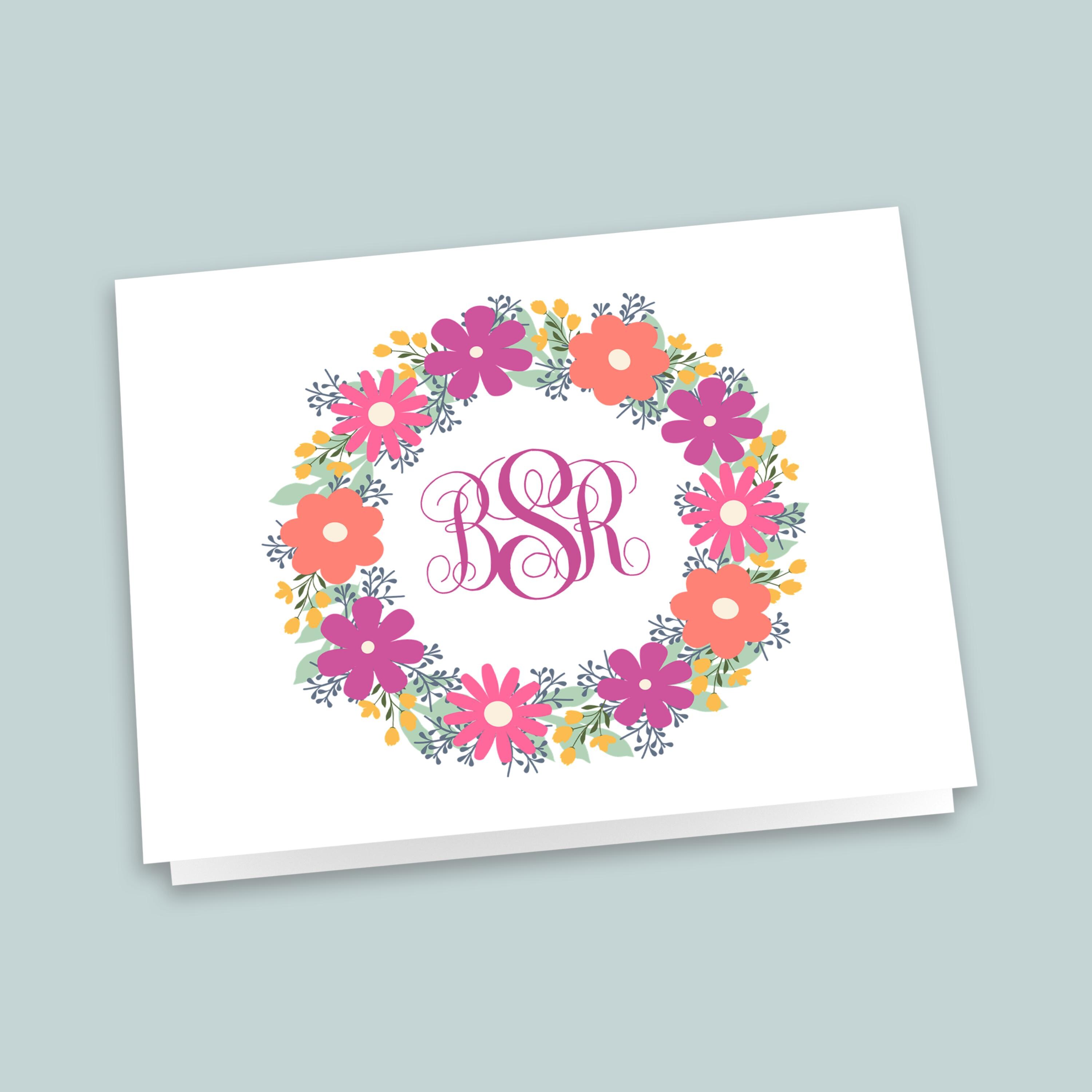 Floral Wreath Monogram Note Cards: Personalized Stationery - Etsy