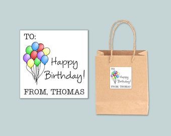 Personalized Gift Stickers for Birthdays | Bright Birthday Balloons Custom Gift Label | Personalized Gift Tag | Square Birthday Gift Sticker