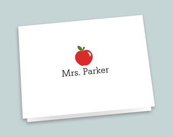 Personalized Teacher Folded Note Cards: Red Apple Stationery Gift