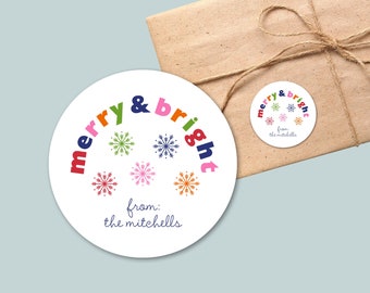 Personalized Round Gift Stickers for Christmas | Bright Snowflakes Custom Gift Label | Personalized Gift Tag | Round Holiday Gift Sticker