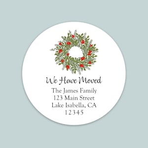 Personalized New Address Sticker | Holiday Wreath Round Address Label | We Have Moved Custom Moving Announcement Sticker