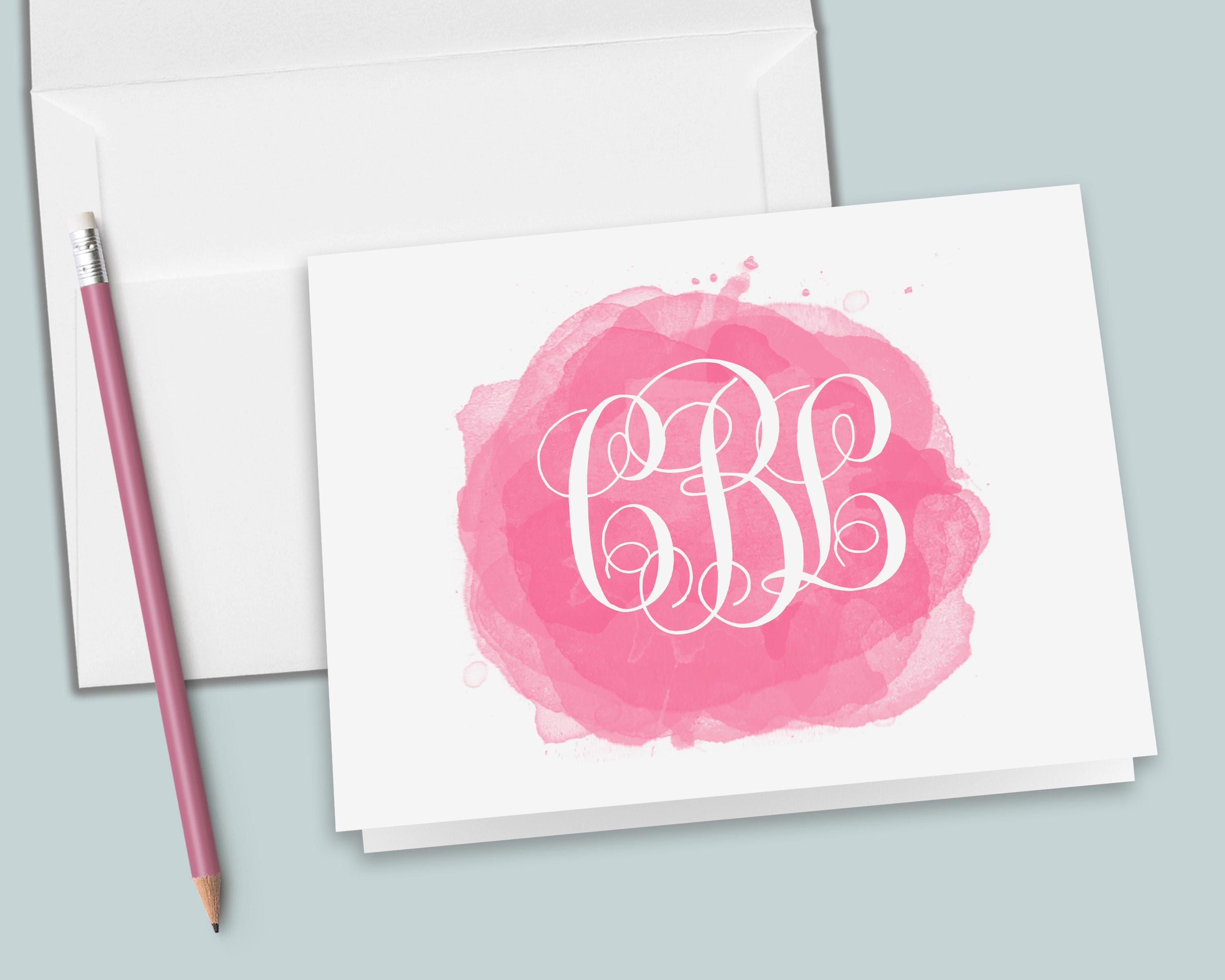 Personalized Folded Note Cards | Pink Watercolor Splash Monogram Custom ...