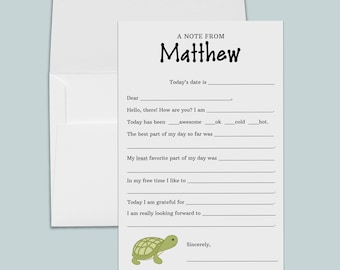 Personalized Green Turtle Fill-in Letter Writing Paper for Kids | Stationery Gifts for Kids | Turtle Lover Pen Pal Set