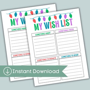 Lista de deseos navideños imprimible para niños / Lista de deseos navideños / Lista de deseos de Hanukkah / Descarga instantánea para imprimir desde casa / Carta a Papá Noel