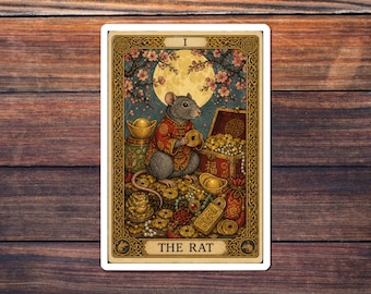 Rat Tarot Card Sticker, Chinese Zodiac Kiss-Cut Decal, Witchy Folk Art, Year of the Rat