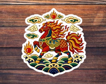 Adesivo Cavallo di Fuoco - Zodiaco del Cavallo del Capodanno Lunare, Stile di Ricamo Cinese Imperiale, Arte Ispirata alla Dinastia Qing
