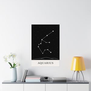 affiche de la constellation du Verseau | Art mural moderne du zodiaque, impression minimaliste du signe astrologique, cadeau astrologie pour elle, décoration horoscope noir