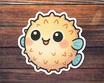 Pegatina de pez globo adorable, calcomanía de vinilo de pez oceánico kawaii, arte de animales marinos adorables, decoración estética de acuario de burbujas