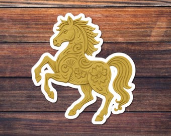 Year of the Horse Sticker, Gold Papercraft Horse Art, Chinese Zodiac Vinyl Decal, Lunar New Year Gift, Lucky Symbol Design