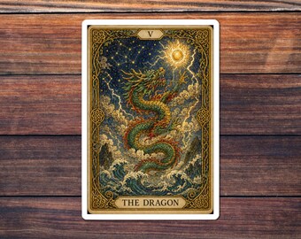 Dragon Tarot Card Sticker, Chinese Zodiac Kiss-Cut Decal, Witchy Folk Art, Celestial Dragon