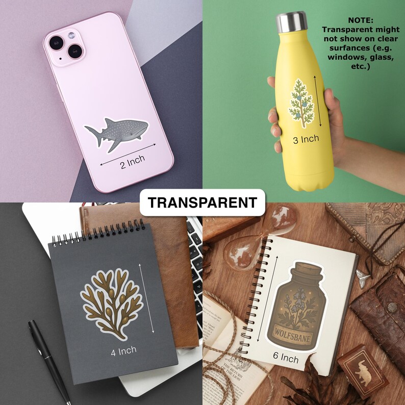 May include: A collection of transparent stickers, including a 2-inch whale shark, a 3-inch tree design, a 4-inch seaweed design, and a 6-inch apothecary bottle with the text "WOLFSBANE". The stickers are shown on a phone, water bottle, and notebooks.