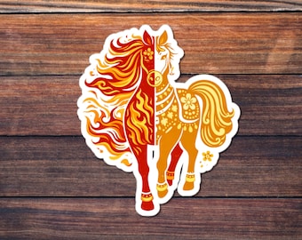 Dual Flame Horse Sticker, Fire Chinese Zodiac Kiss-Cut Decal, Yin Yang Folk Art, Year of the Horse