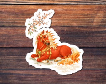 Lunar New Year Horse Sticker -- Chinese Zodiac Horse Art, Year Of The Horse, Peony Blossom Illustration, Lucky Vinyl Sticker