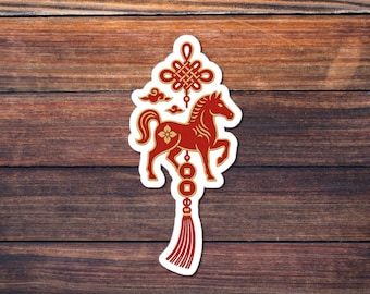 Lucky Charm Horse Sticker, Chinese Knot Tassel Kiss-Cut Decal, Zodiac Folk Art, Good Fortune Gift