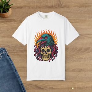 Raven Skull Flame T-Shirt | Gothic Bird and Skull Graphic Tee, Horrorcore Vibe, Psychedelic Fire Design