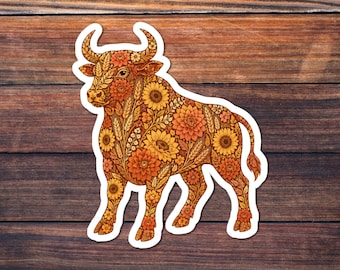 Floral Ox Sticker, Chinese Zodiac Kiss-Cut Decal, Botanical Folk Art, Year of the Ox