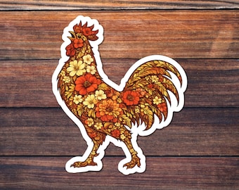 Floral Rooster Sticker, Chinese Zodiac Kiss-Cut Decal, Botanical Folk Art, Year of the Rooster