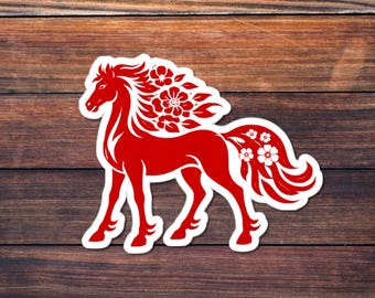 Floral Fire Horse Sticker, Red Chinese Zodiac Horse Art, Lunar New Year Symbol, Prosperity Energy, Bold Minimal Design