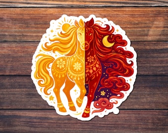 Sun Moon Horse Sticker, Celestial Zodiac Kiss-Cut Decal, Gold Red Folk Art, Solar Lunar Equine