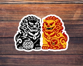 Foo Dog Sticker, Chinese Guardian Lion Pair Decal, East Asian Temple Protector Symbol, Mythical Creature Laptop Water Bottle