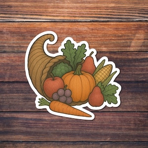 Cornucopia Sticker, Semi-Realistic Fall Harvest Vinyl Decal, Thanksgiving Fruit and Veggie Art, Autumn Abundance Sticker