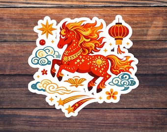 Celestial Fire Horse Sticker -- Lunar New Year Zodiac Horse with Stars and Lanterns
