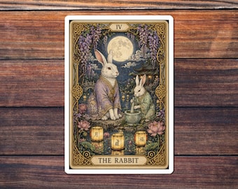 Rabbit Tarot Card Sticker, Chinese Zodiac Kiss-Cut Decal, Witchy Moon Art, Year of the Rabbit