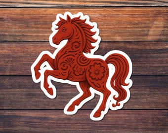Fire Horse Sticker, Year of the Horse, Red Papercraft Horse Art, Chinese Zodiac Design, Lunar New Year Vinyl Decal, Lucky Symbol Gift
