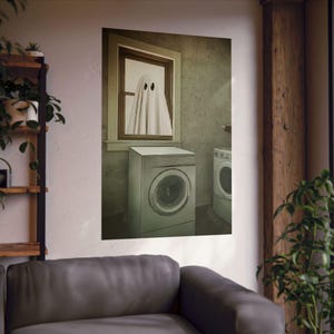 Ghost Haunting Laundry Matte Vertical Poster, Spooky Home Decor, Halloween Wall Art, Vintage Style Print, Gothic Room Decoration