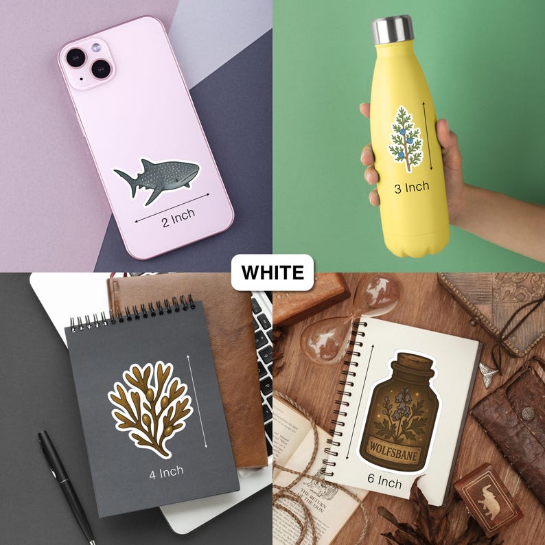 May include: A collection of stickers and a water bottle. The stickers include a whale shark, a botanical design, and a jar labeled "WOLFSBANE." The water bottle is yellow with a botanical sticker. Measurements are provided in inches.