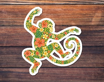 Floral Monkey Sticker, Chinese Zodiac Kiss-Cut Decal, Botanical Folk Art, Year of the Monkey