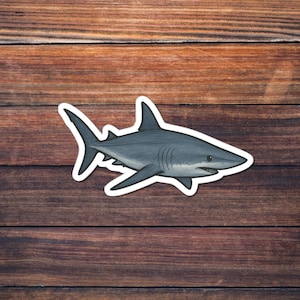 May include: A sticker featuring a stylized illustration of a shark in shades of gray and white. The shark is depicted in a side profile, with fins, gills, and a detailed eye. The sticker has a white border and is set against a wooden background.