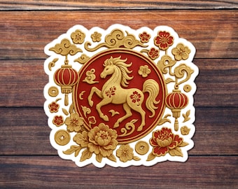 Fire Horse Lunar New Year Sticker 2026 Gold Emblem Lucky Symbol Zodiac Horse Red Foil Style Prosperity Sticker Gift