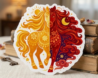 Sun Moon Horse Magnet, Celestial Zodiac Folk Art, Gold Red Solar Lunar Equine Fridge Decor, Year of Horse Gift
