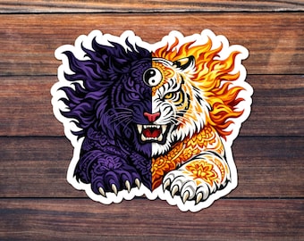 Dual Flame Tiger Sticker, Yin Yang Tiger Decal, Chinese Zodiac Tiger Art, Fire Tiger Vinyl, Spiritual Animal Gift, Asian Folk Art