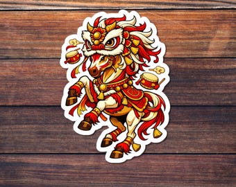 Fire Horse Sticker, Lunar New Year Horse Art, Chinese Zodiac Horse Vinyl Decal, Lion Dance Horse Illustration, Red Gold Festival Sticker