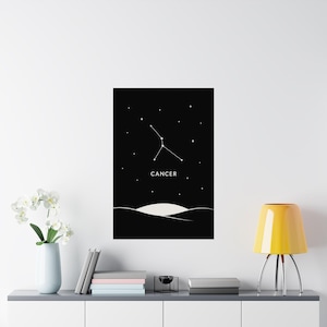 Poster Krebs Sternbild | Moderne Sternzeichen Wandkunst, minimalistisches Sternzeichen Druck, Astrologie Geschenk für sie, schwarzes Horoskop-Dekor