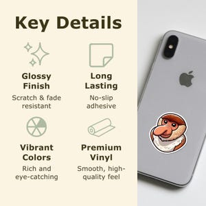 May include: A sticker featuring a cartoon proboscis monkey face is adhered to a silver smartphone. The sticker has a glossy finish and vibrant colors. The image also shows key details about the sticker, including its long-lasting, premium vinyl material.