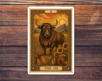 Ox Tarot Card Sticker, Chinese Zodiac Kiss-Cut Decal, Witchy Folk Art, Year of the Ox