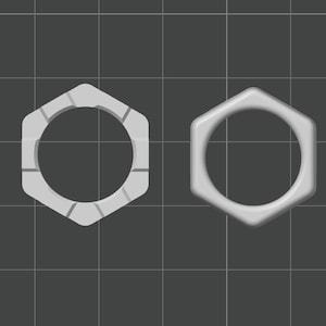 Puede incluir: Dos objetos hexagonales blancos con una abertura circular en el centro. Uno tiene un diseño segmentado, el otro es de forma lisa y sólida. El fondo es una cuadrícula gris oscuro.