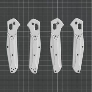 May include: Four white knife scales with a smooth, slightly curved surface and multiple small holes. The scales are arranged in a row against a gray grid background.