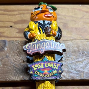 Maniglia per spillatore di birra vintage Lost Coast Brewery "Tangerine Wheat" Duane Flatmo, usata.