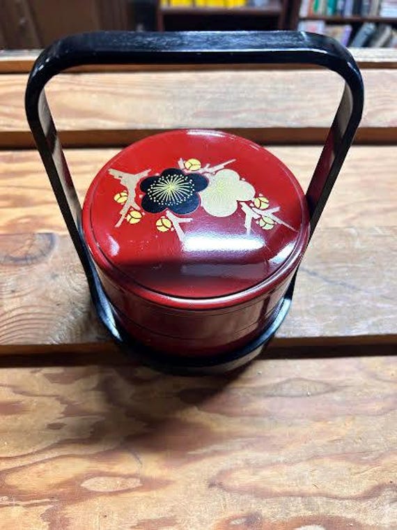 Vintage Japanese 2- Tiered Bento Box Laquerware Deep Red & Black