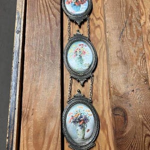 Vintage Italian Gold Metal Hanging Frames (3) With Tapestry Floral Bouquet Home Decor