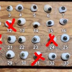 May include: A collection of thirty-four individual glass doll eyes arranged in rows on a wooden board. Each eye features a white sclera and a colored iris with a black pupil. Several eyes are marked with a red X. A small white card displays the text WHITE RABBIT.